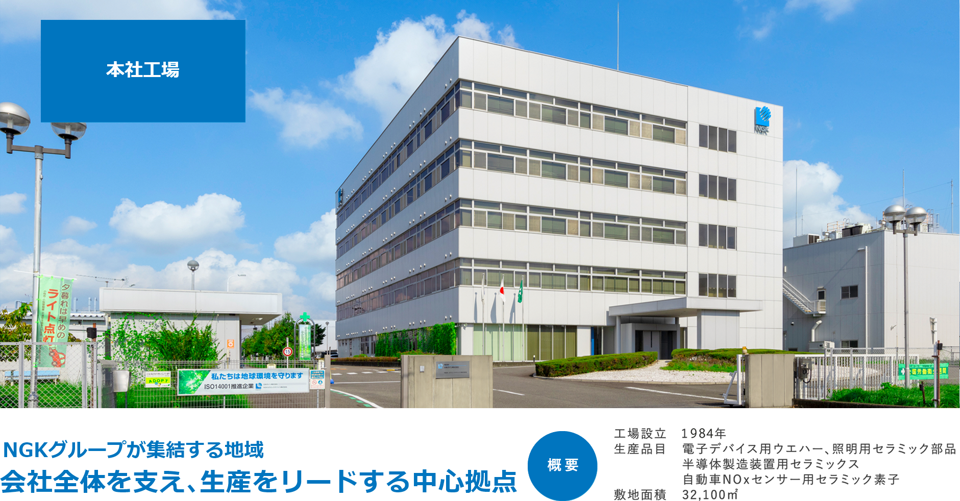 NGKグループが集結する地域 会社全体を支え、生産をリードする中心拠点 概要、工場設立は1984年 生産品目は電子デバイス用ウエハー、照明用セラミック部品、半導体製造装置用セラミックス、自動車NOxセンサー用セラミック素子 敷地面積は32,100㎡